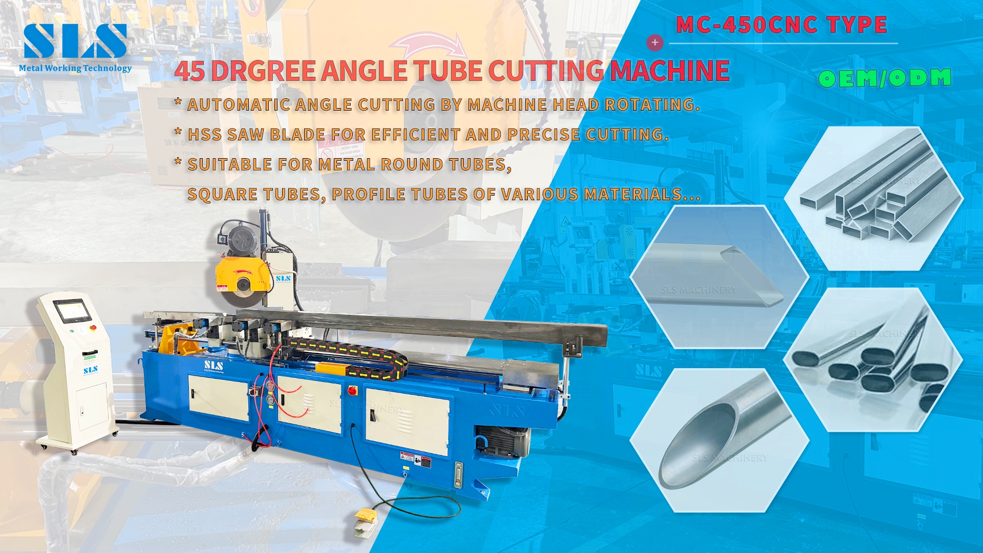 Corte de tubo automático de ángulo de 45 grados por la cabeza de la máquina girando | Tuberías cuadradas (60x60 120x120 mm)